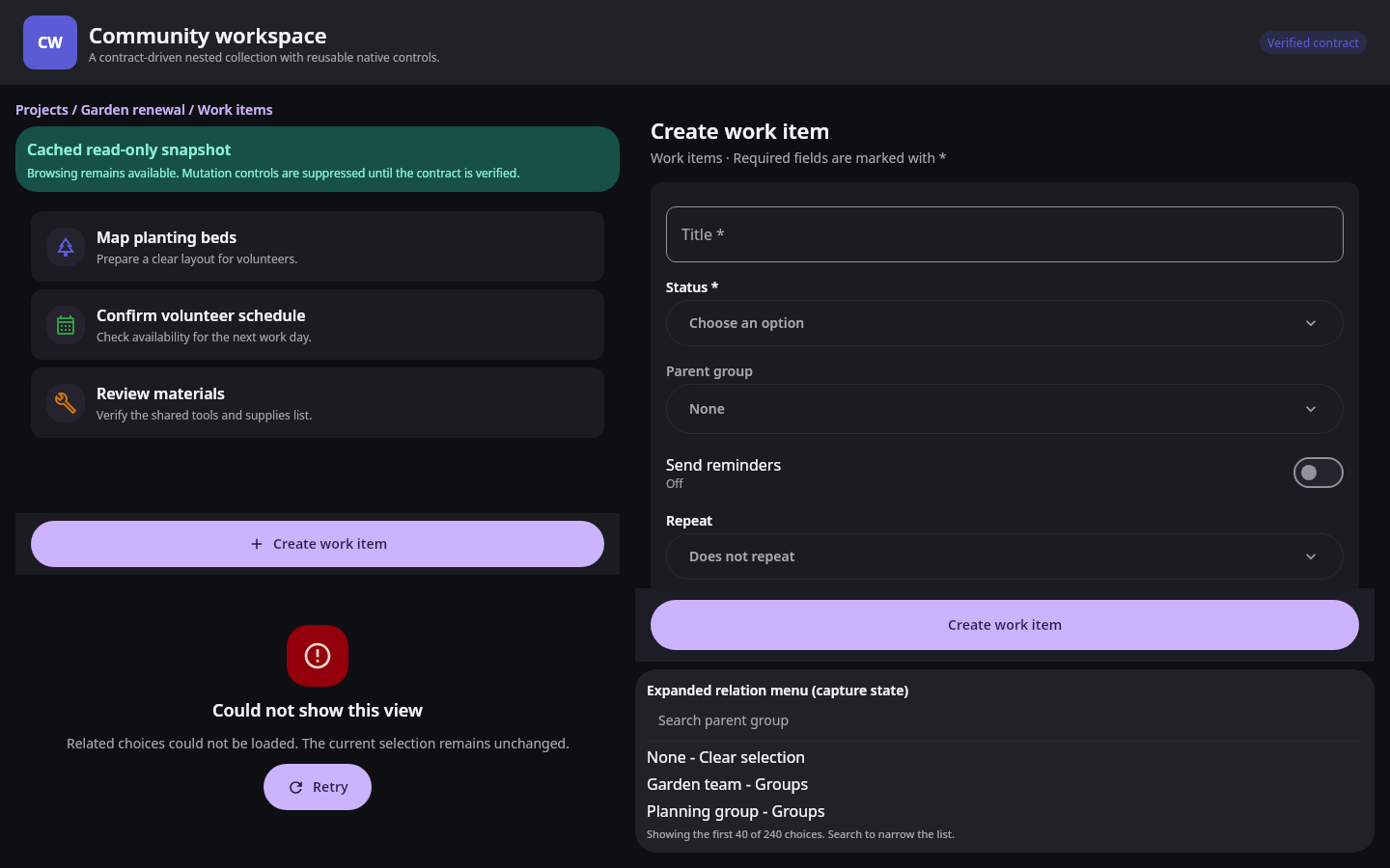 Nextcloud Native rendering a synthetic community inventory as a native data table after recognizing verified typed fields