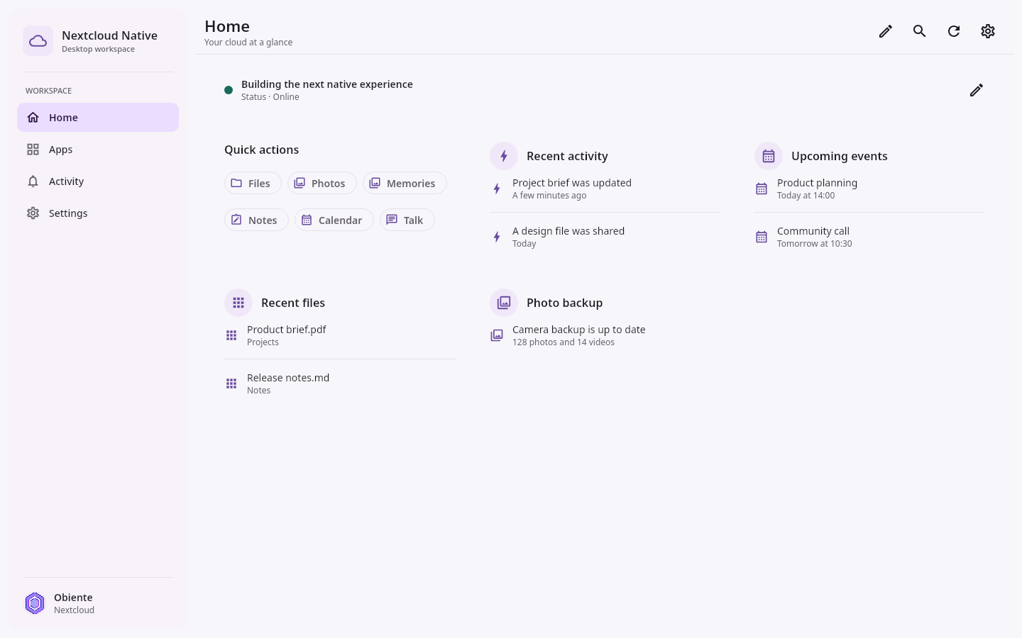 Workspace Home dashboard: Ready