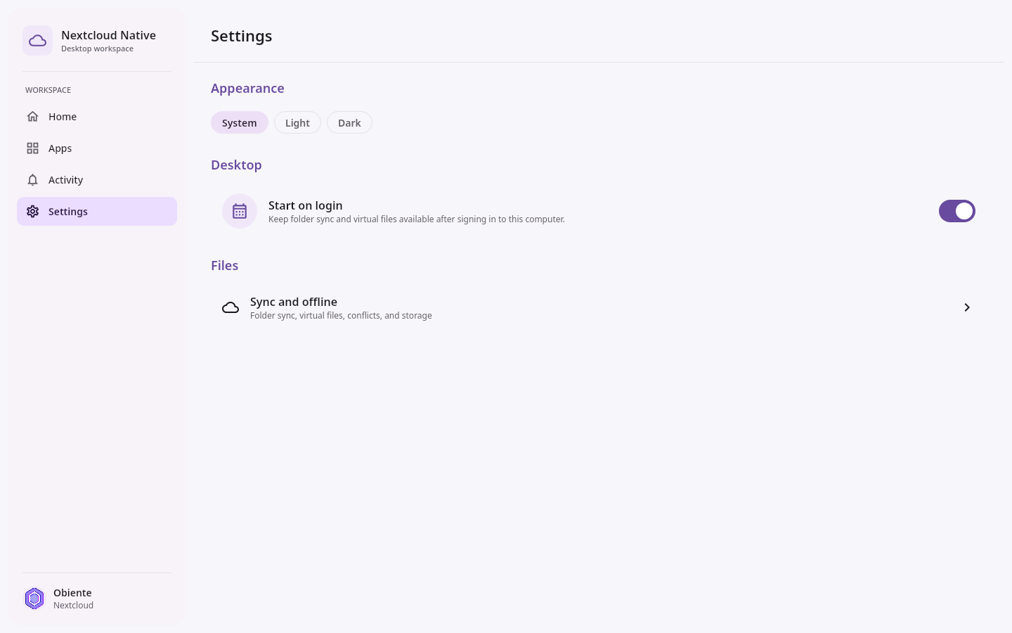 File sync Desktop settings: Start on login enabled