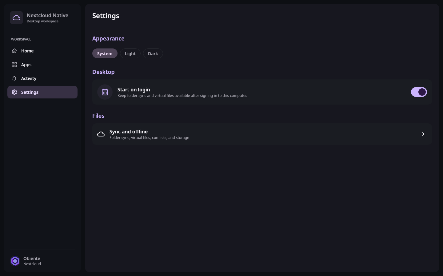 File sync Desktop settings: Start on login enabled