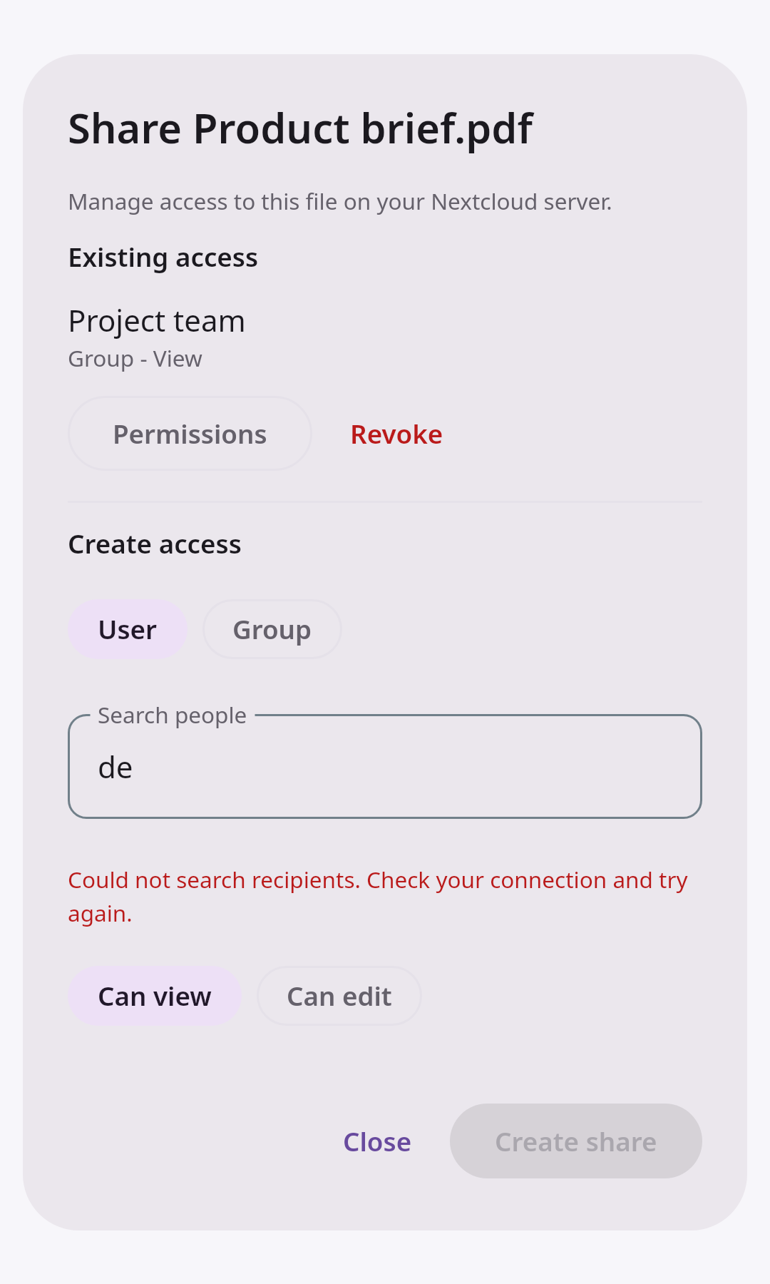 Files Share dialog: Recipient search error