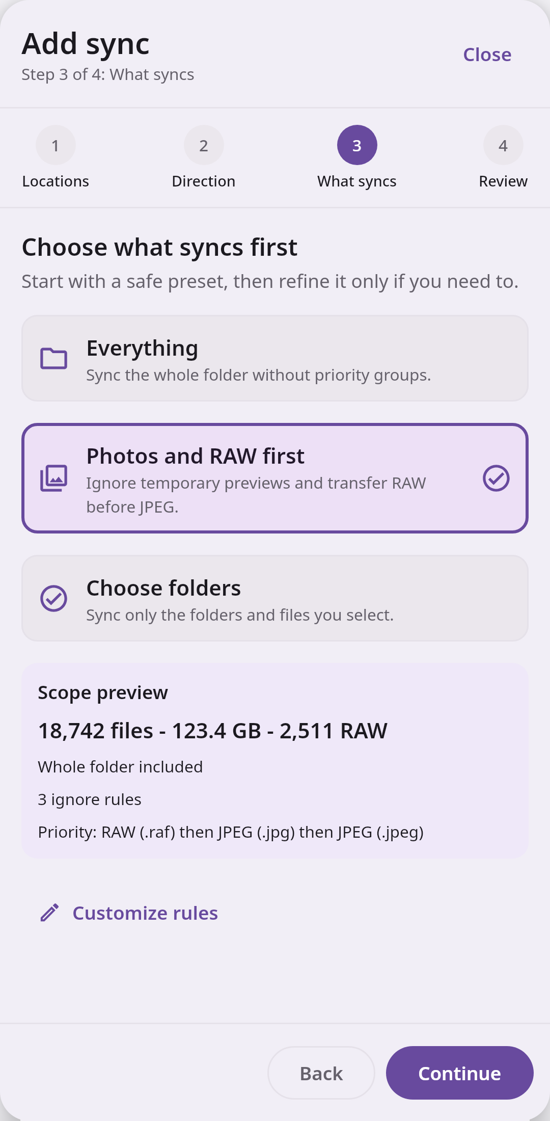File sync Folder pair configuration: Selective, ignore, and priority rules