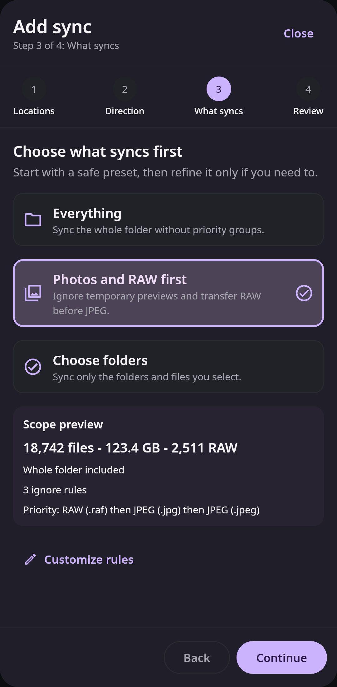 File sync Folder pair configuration: Selective, ignore, and priority rules