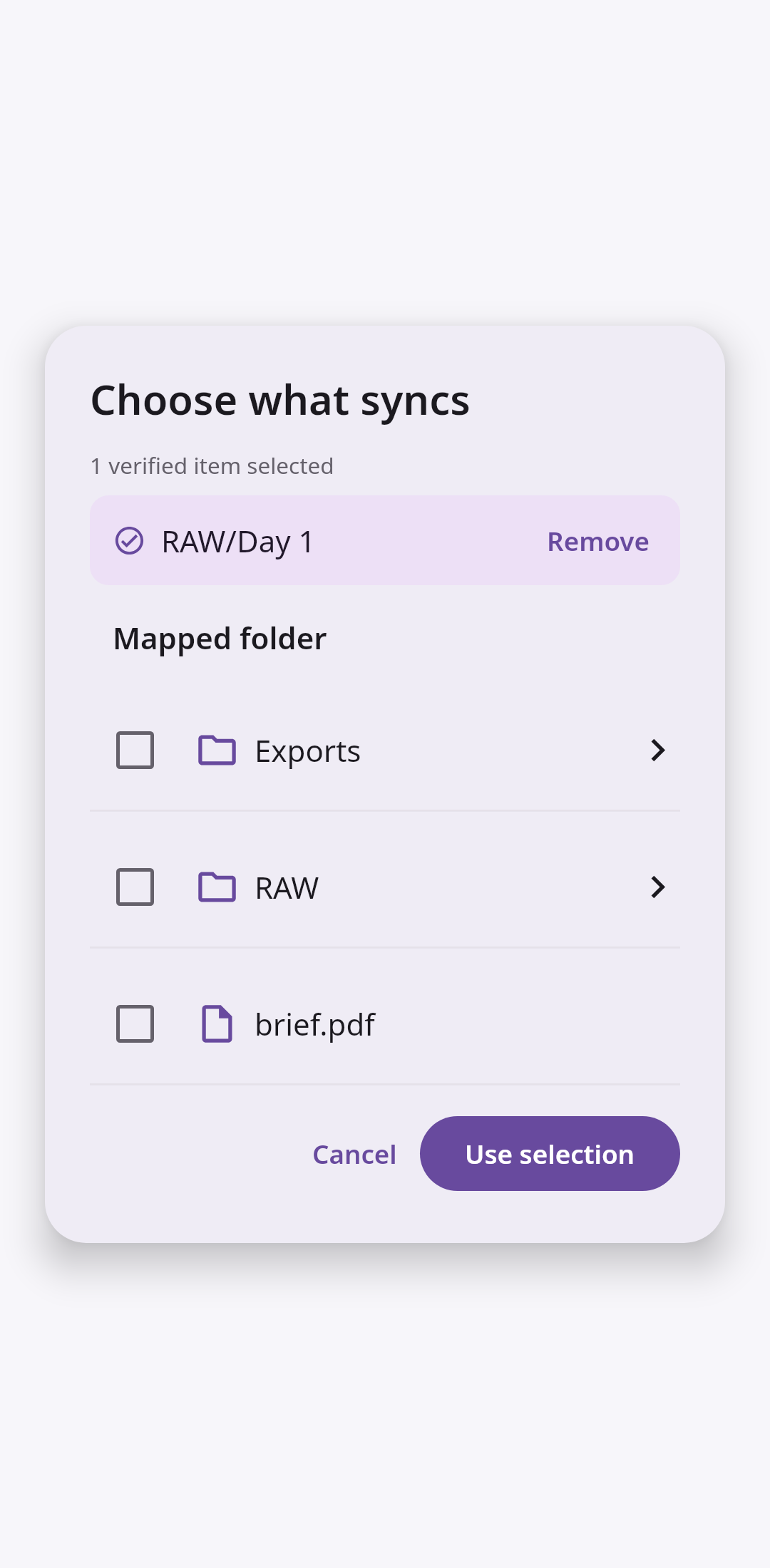 File sync Selective sync browser: Verified folders and files