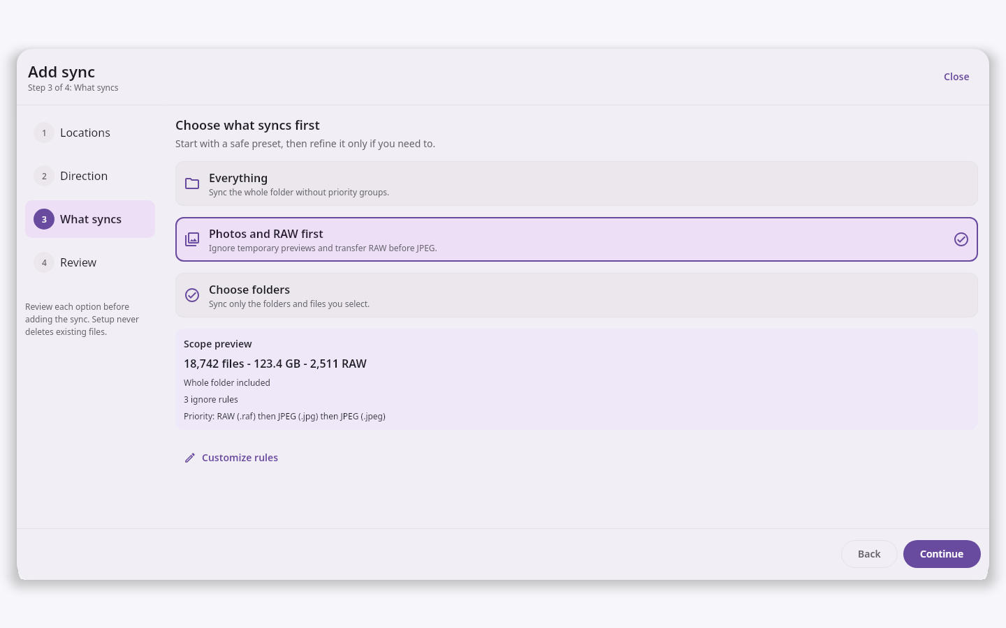 File sync Folder pair configuration: Guided RAW-first setup