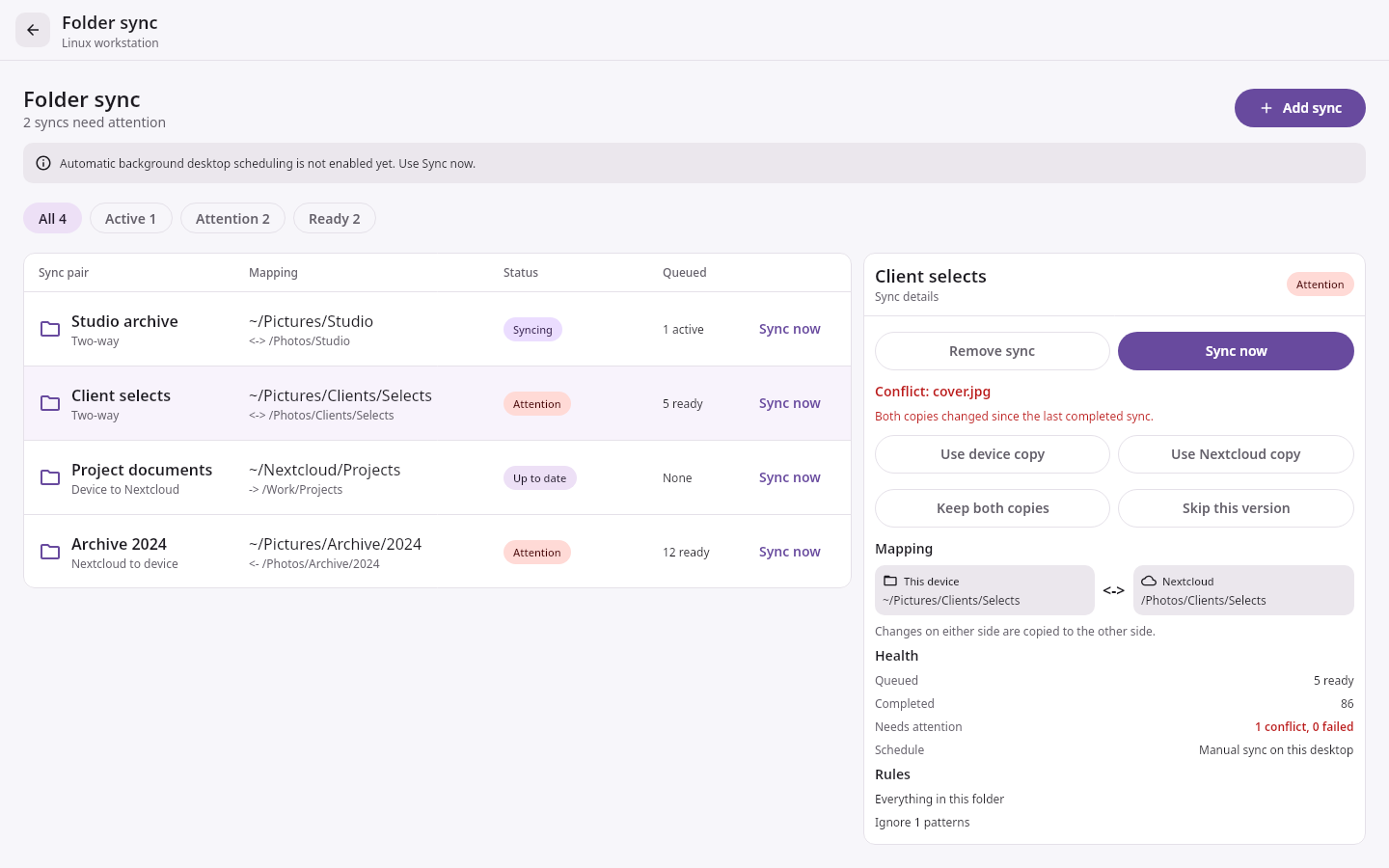 File sync Folder sync center: Priority queue, conflict, and failure