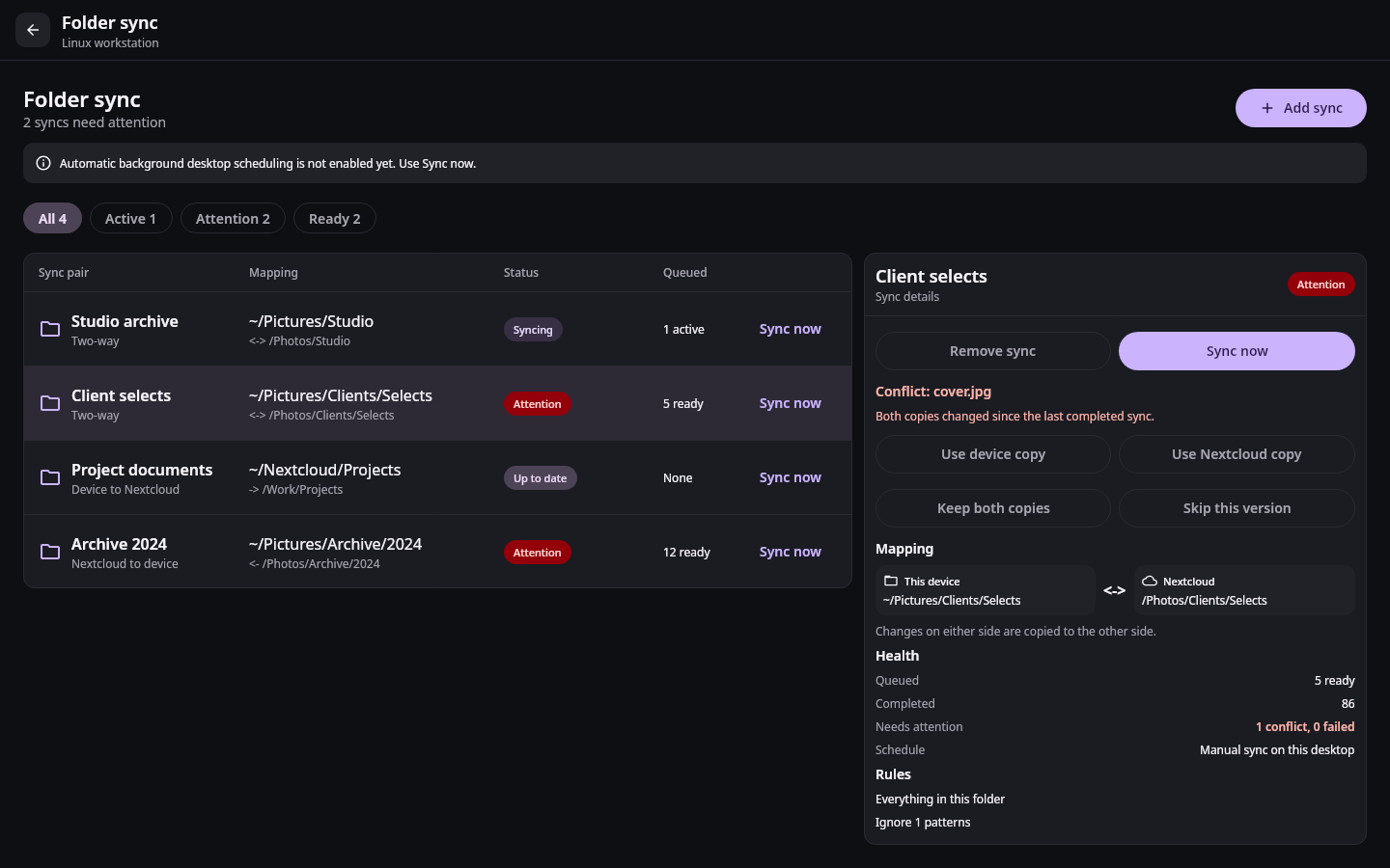 Nextcloud Native desktop folder sync center showing several synthetic folder pairs, live progress, a conflict, and a detailed inspector
