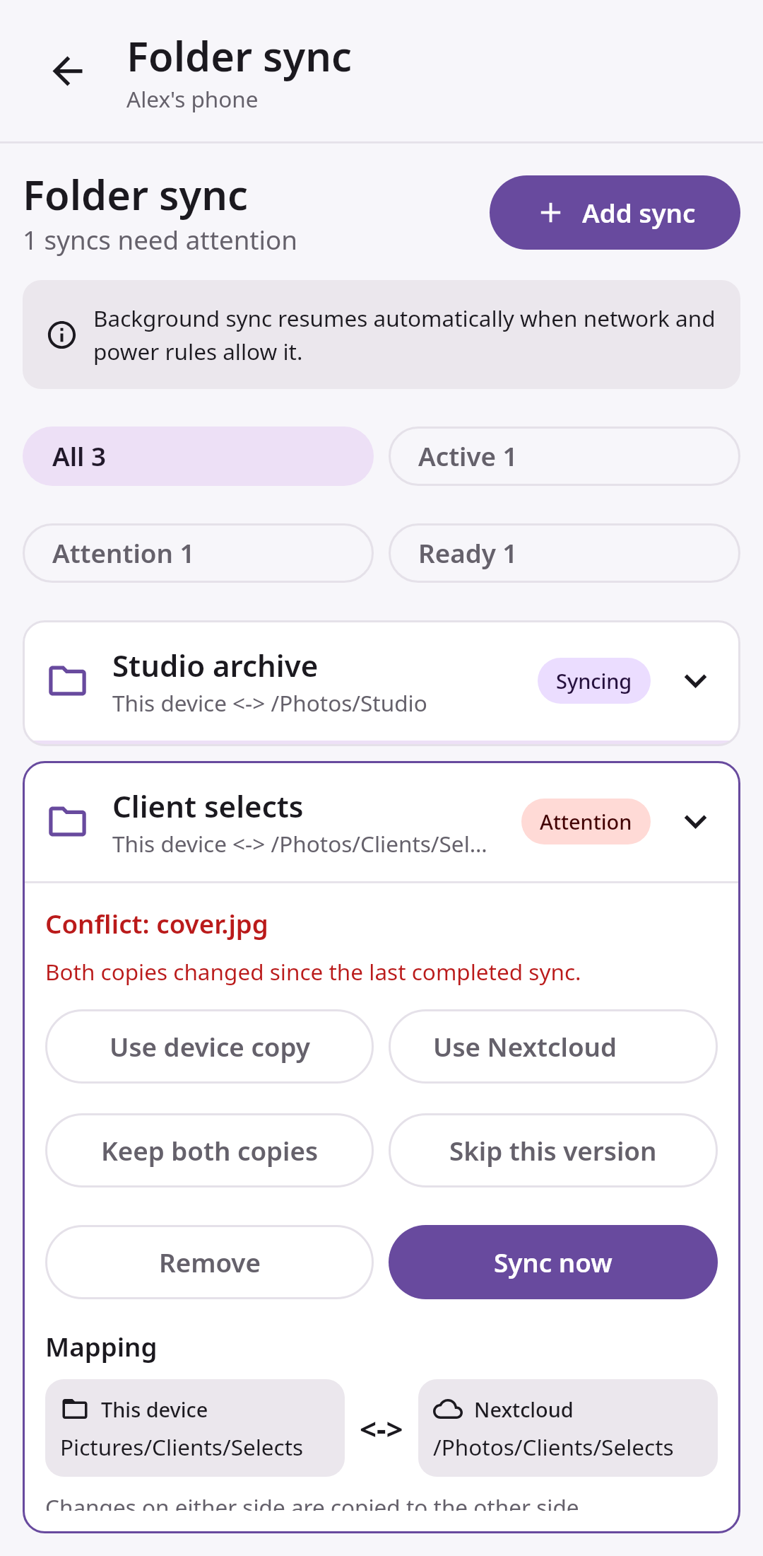 File sync Folder sync center: Conflict recovery and mapping health