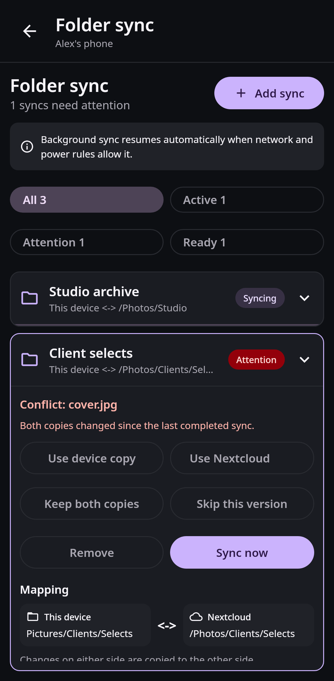File sync Folder sync center: Conflict recovery and mapping health
