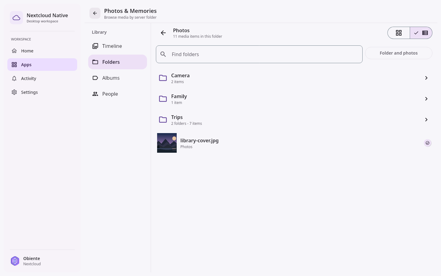 Homepage Photos and memories workspace: Library ready