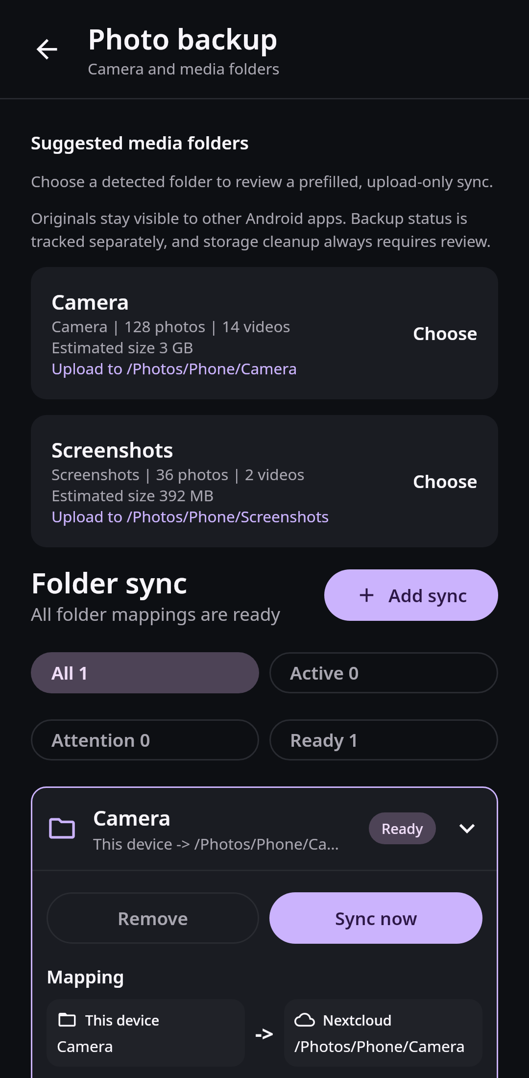 Nextcloud Native showing detected Camera and Screenshots folders plus pending and completed photo backup counts on mobile