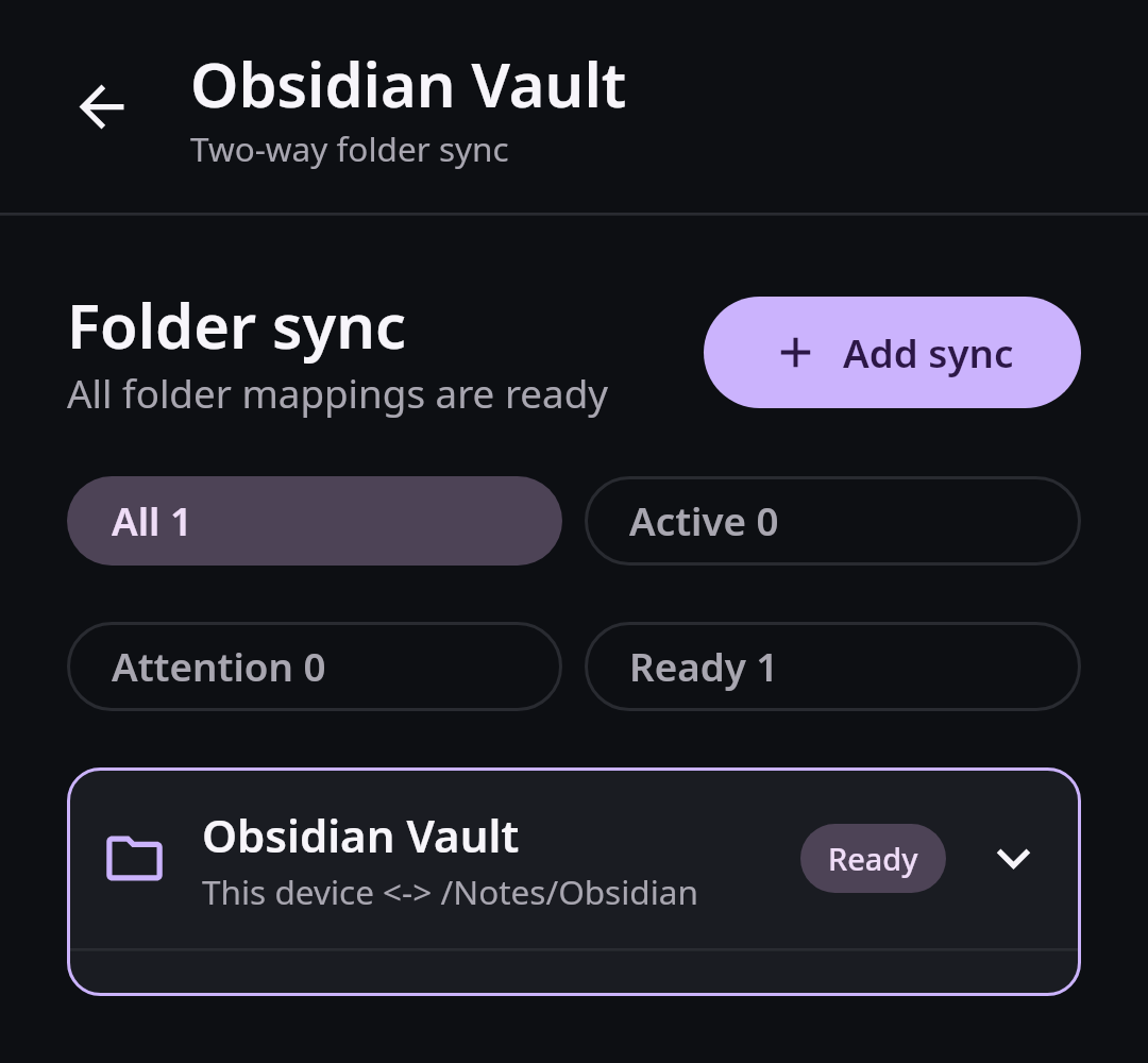 Nextcloud Native Obsidian vault two-way sync pair with pending and completed transfer counts