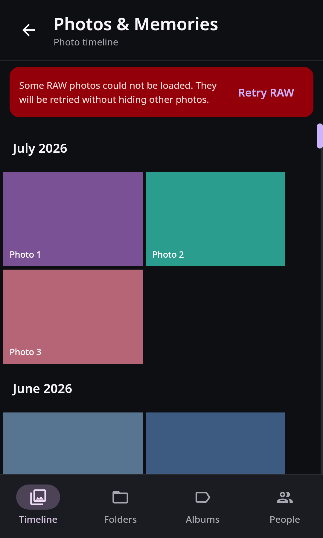 Photos Photo timeline: Ordinary photos with a RAW retry pending