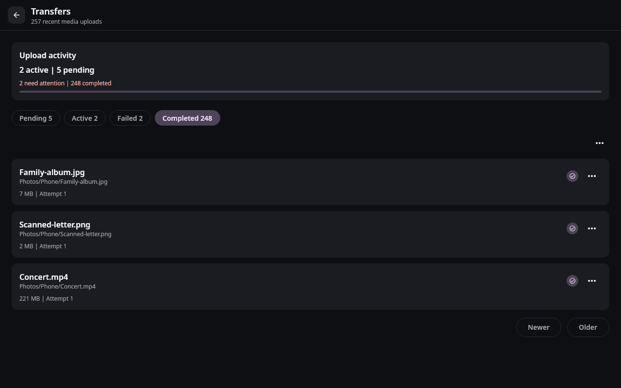 Files Transfer center: Completed transfer history
