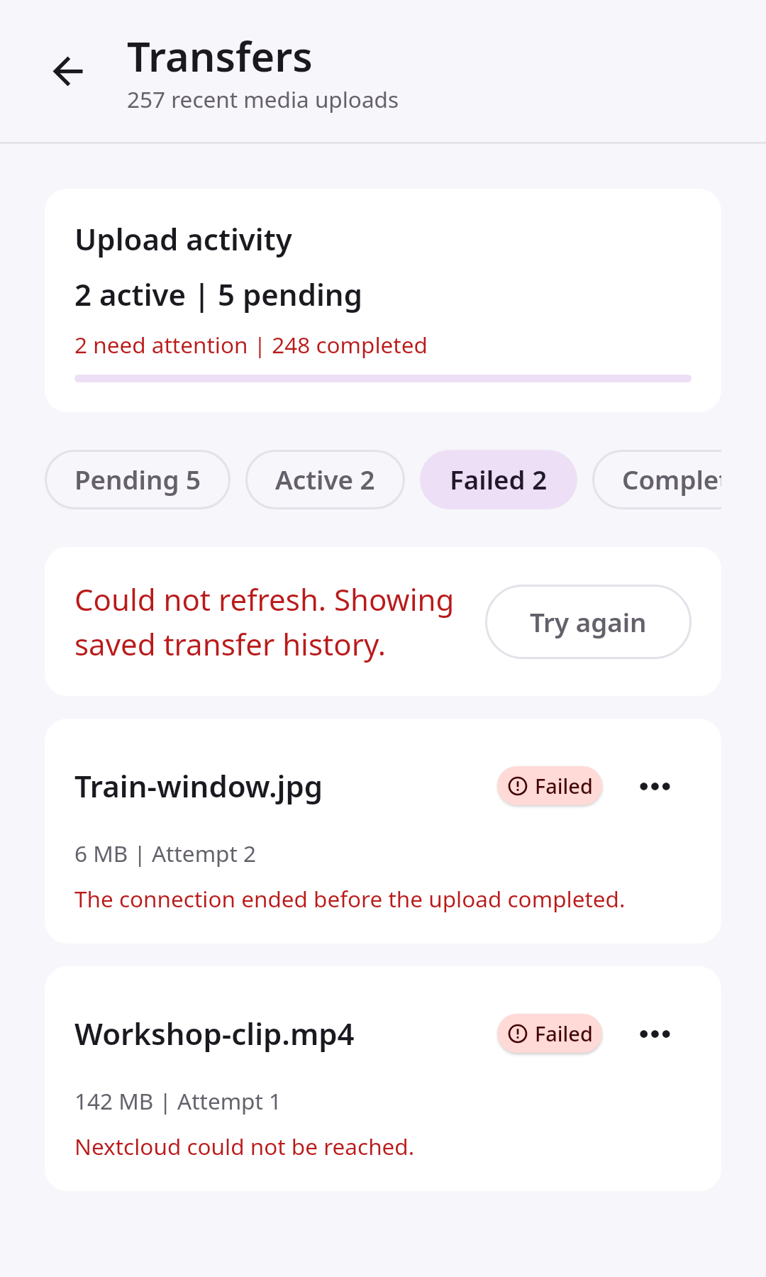 Files Transfer center: Failed upload with cached source