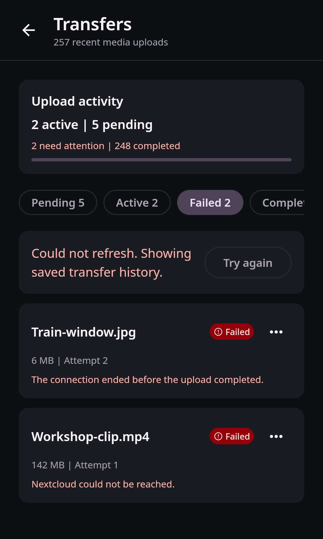 Files Transfer center: Failed upload with cached source