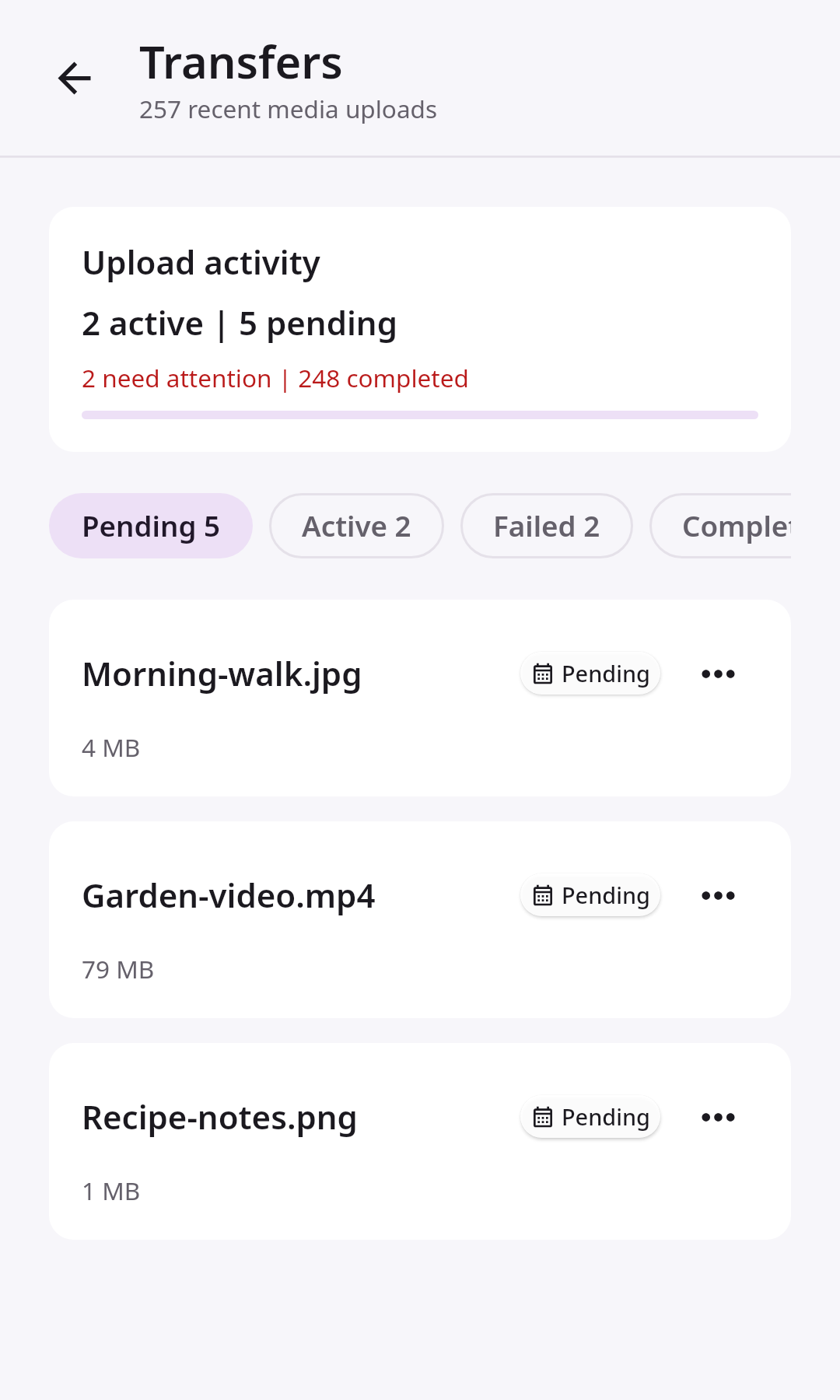 Files Transfer center: Pending uploads